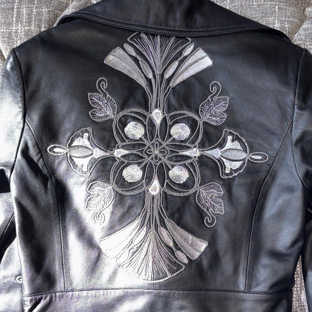 Sheri Bodell Black Leather Jacket With Gray And White Embroidery